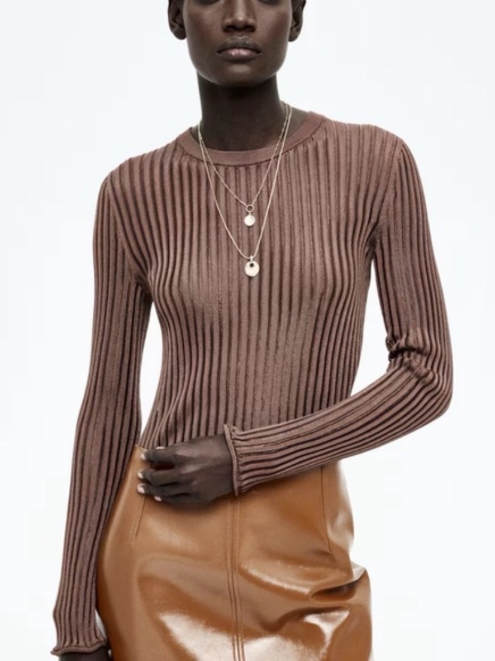 H&M Brown Sheer Ribbed Long Sleeve Top